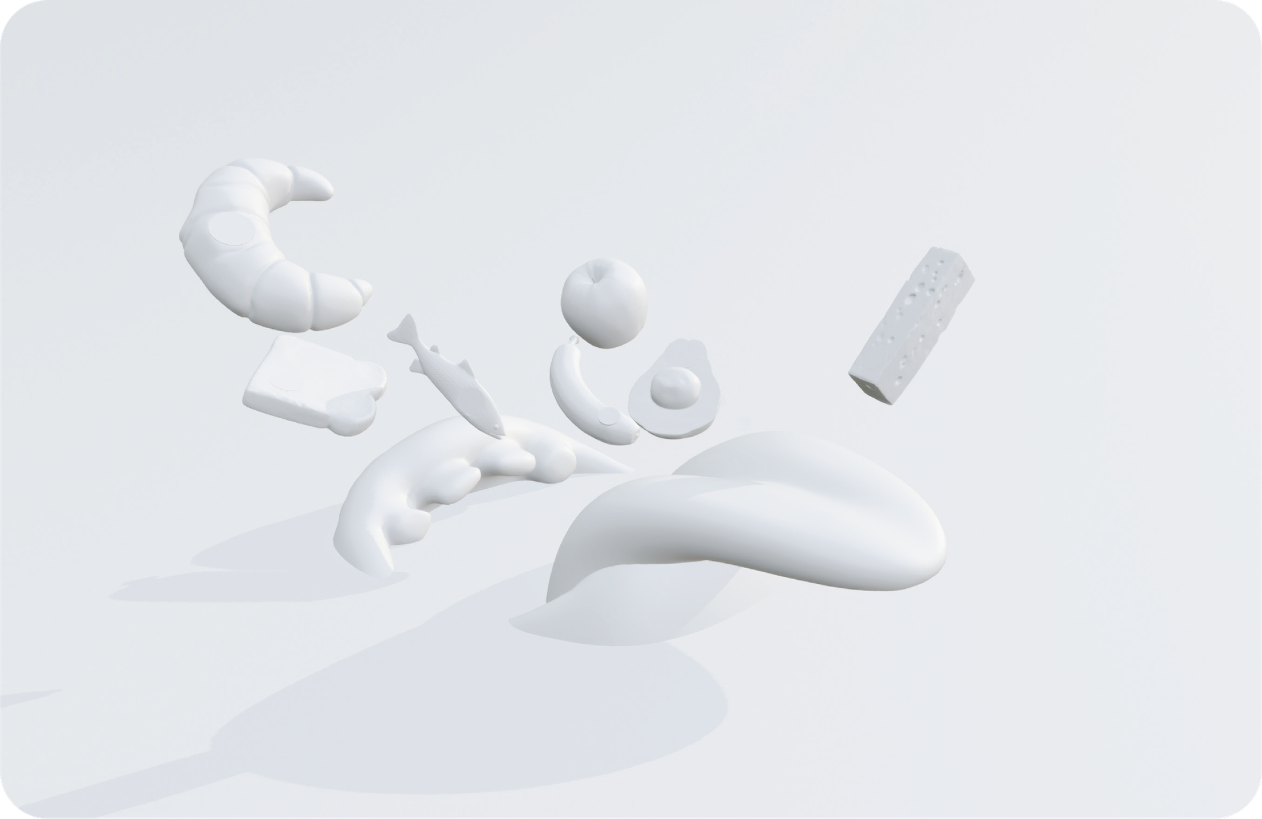 Clay-Render der 3D-modellierten Lebensmittel und des Mundes